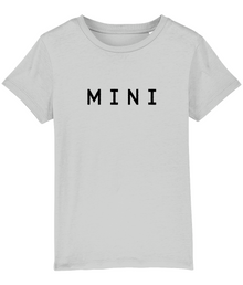  Mini slogan organic cotton Kid's T-shirt in neutral colours white and grey. Available with matching MAMA sweater women. A lovely eco gift for Mother's Day. Shop sustainable and ethical fashion.