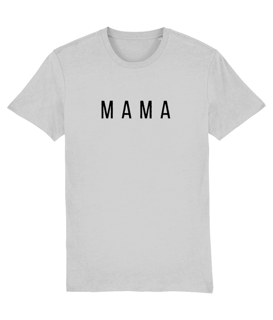 Mama slogan organic cotton women's T-shirt in neutral colours white, camel and grey. Available with matching MINI slogan T-shirt for kids. A lovely eco gift for Mother's Day. Shop sustainable and ethical fashion.