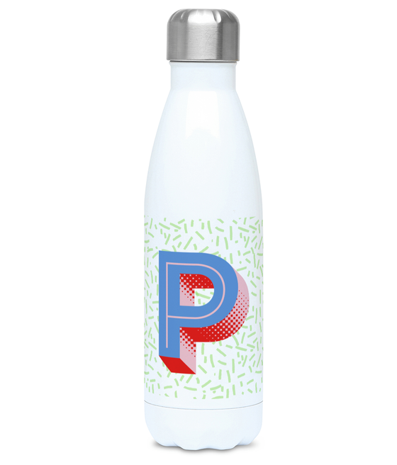 Stainless steel letter P water bottle and flask. Bigkid Collective