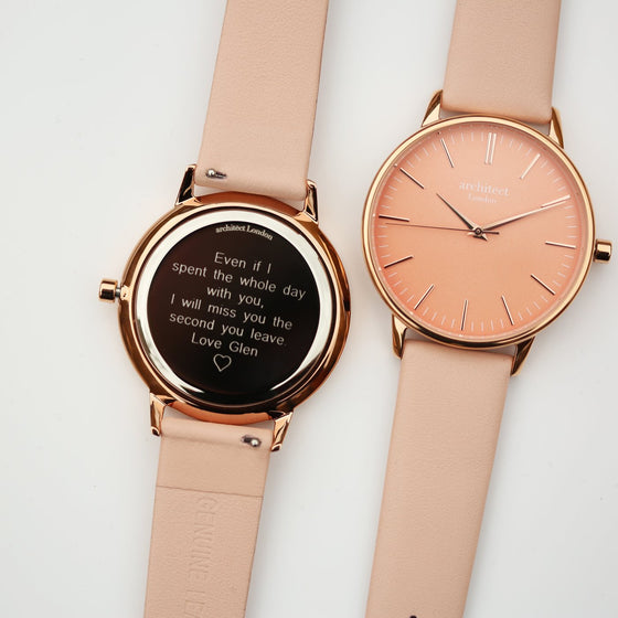 Women's Personalised Engraved Coral Watch. Leather strap. Stainless steel case. Water Resistant: 3 ATM