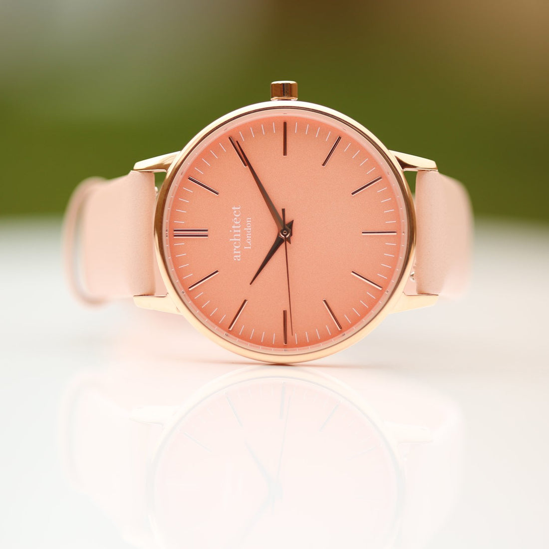  Women's Personalised Engraved Coral Watch. Leather strap. Stainless steel case. Water Resistant: 3 ATM