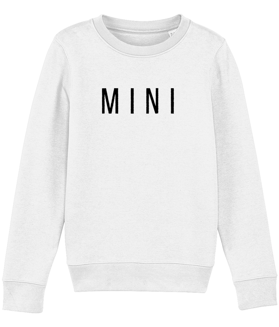 Mini slogan organic cotton Kid's sweaters in neutral colours white and grey. Available with matching MAMA sweater women. A lovely eco gift for Mother's Day. Shop sustainable and ethical fashion.