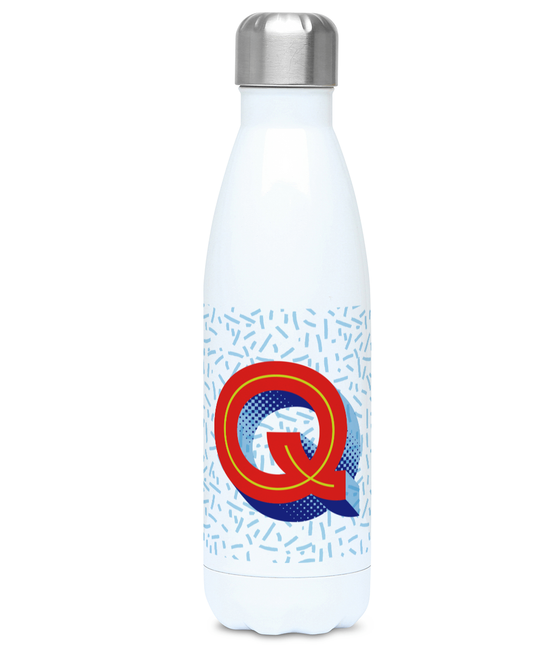 Stainless steel letter Q water bottle and flask. Bigkid Collective
